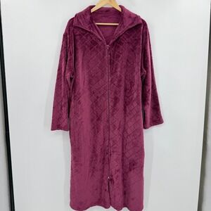 Unbranded Burgundy Fleece Zip Front Robe Diamond Texture Housecoat‎ Pockets XL